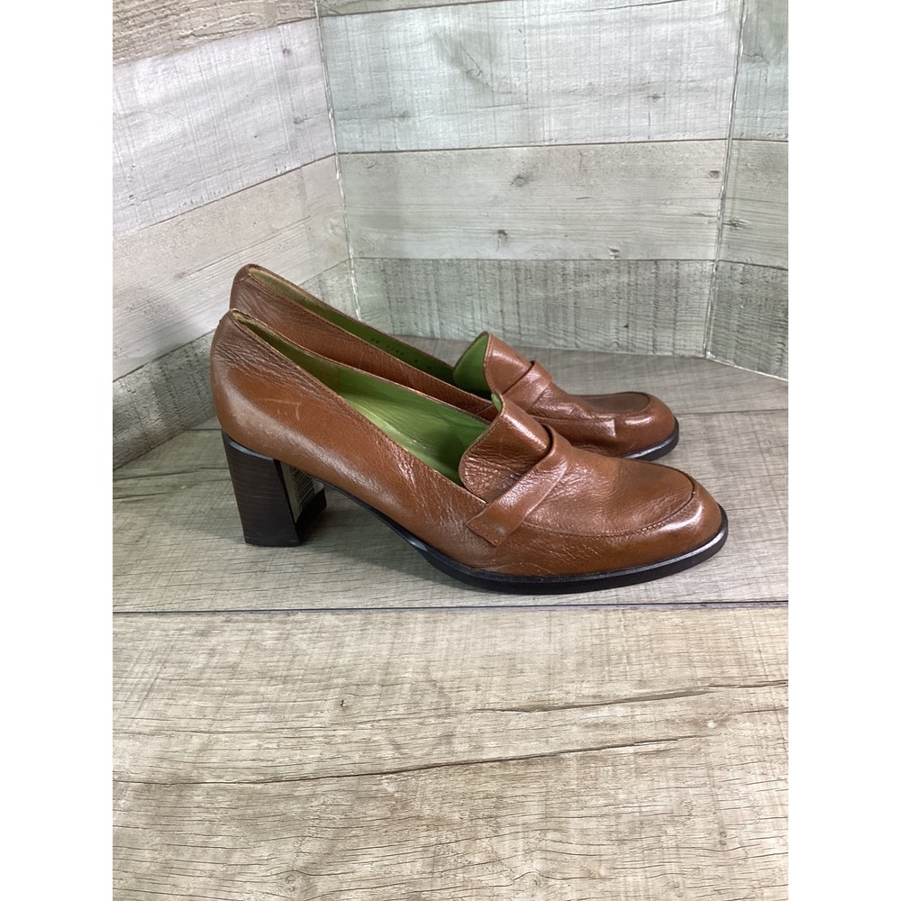 Martinez Valero Brown Leather Block Heel Penny Loafers Made in Spain Womens 9 B
